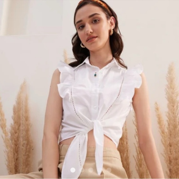 Sim & Sam WHITE POPLIN TIE FRONT RUFFLE TOP - Picture 2 of 9